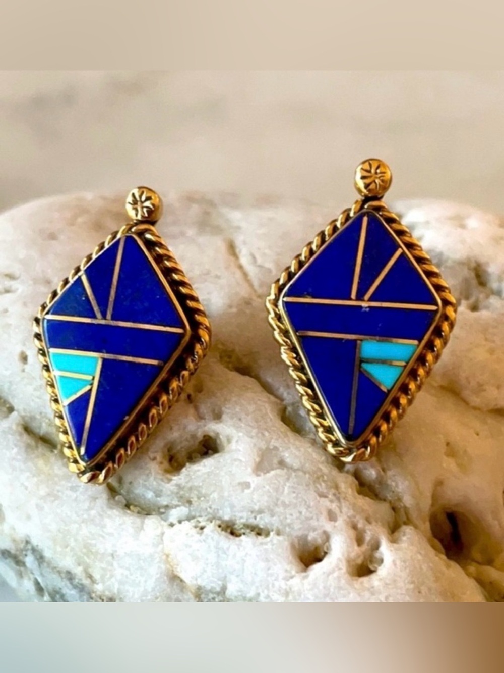 Vintage 14K Gold Lapis Turquoise Native American Earrings